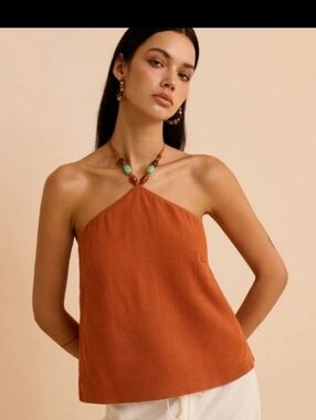 Nwt COMMENSE LINEN BLEND Women's Rust Halter Neck Tank Top Boho Beads Coastal
